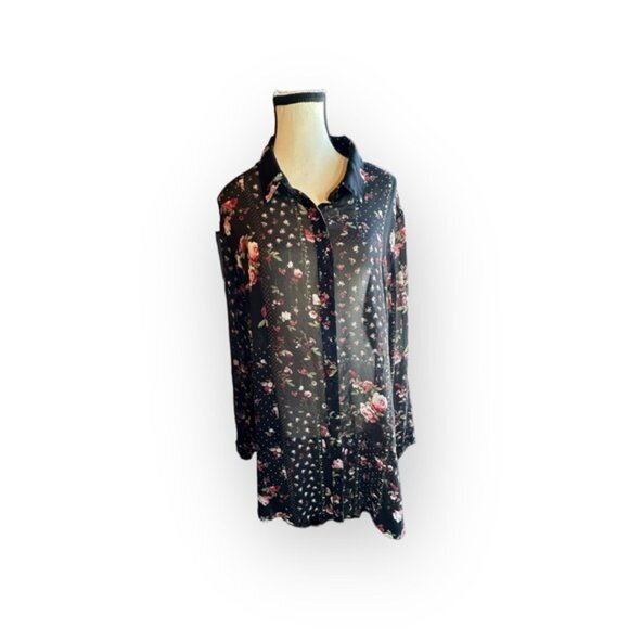 Women’s Reitmans 2x Black Floral Semi Sheer Button Down Long Sleeve Tunic - Picture 1 of 8
